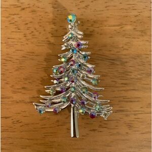 Vintage Dodds Christmas Tree Brooch With Rhinestones Silver Tone